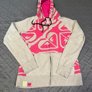 Vintage Y2K Roxy Hoodie Women's L Gray Pink Full Zip Jacket Abstract